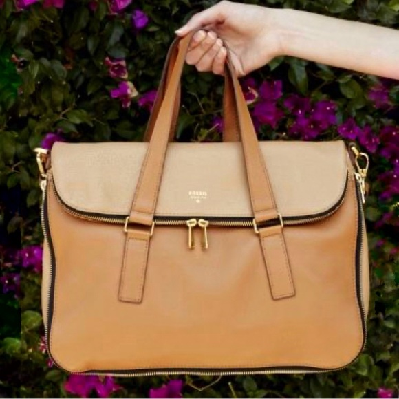 Fossil Handbags - FOSSIL CAMEL TAN BROWN 2 TONE LEATHER ZIPPER CLOSE PRESTON SATCHEL TOTE BAG